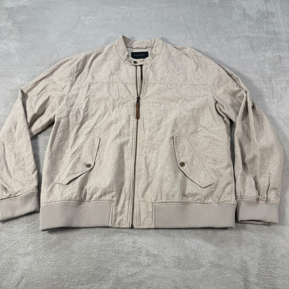 Banana Republic Mens XL Linen Cotton Blend Full Zip Bomber Jacket Khaki Beige